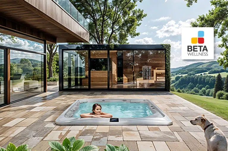 A girl enjoying a relaxing soak in a hot tub on a sunny day, with a dog nearby and modern architecture in the background.