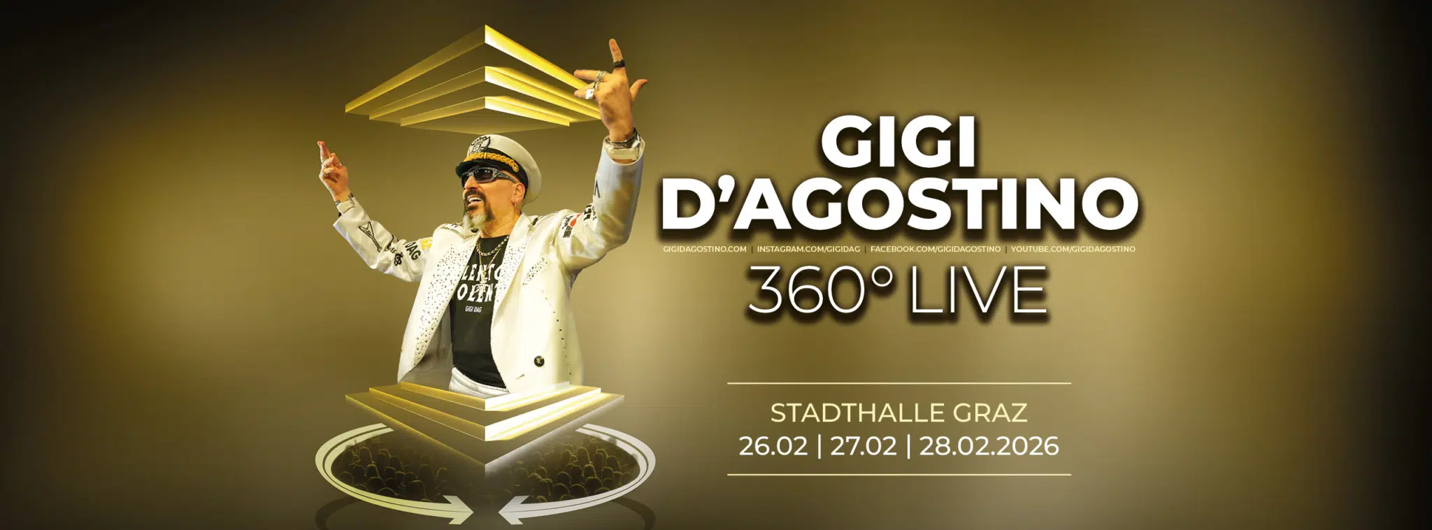 Gigi D'Agostino performing live in Graz, Austria for a 360-degree experience.