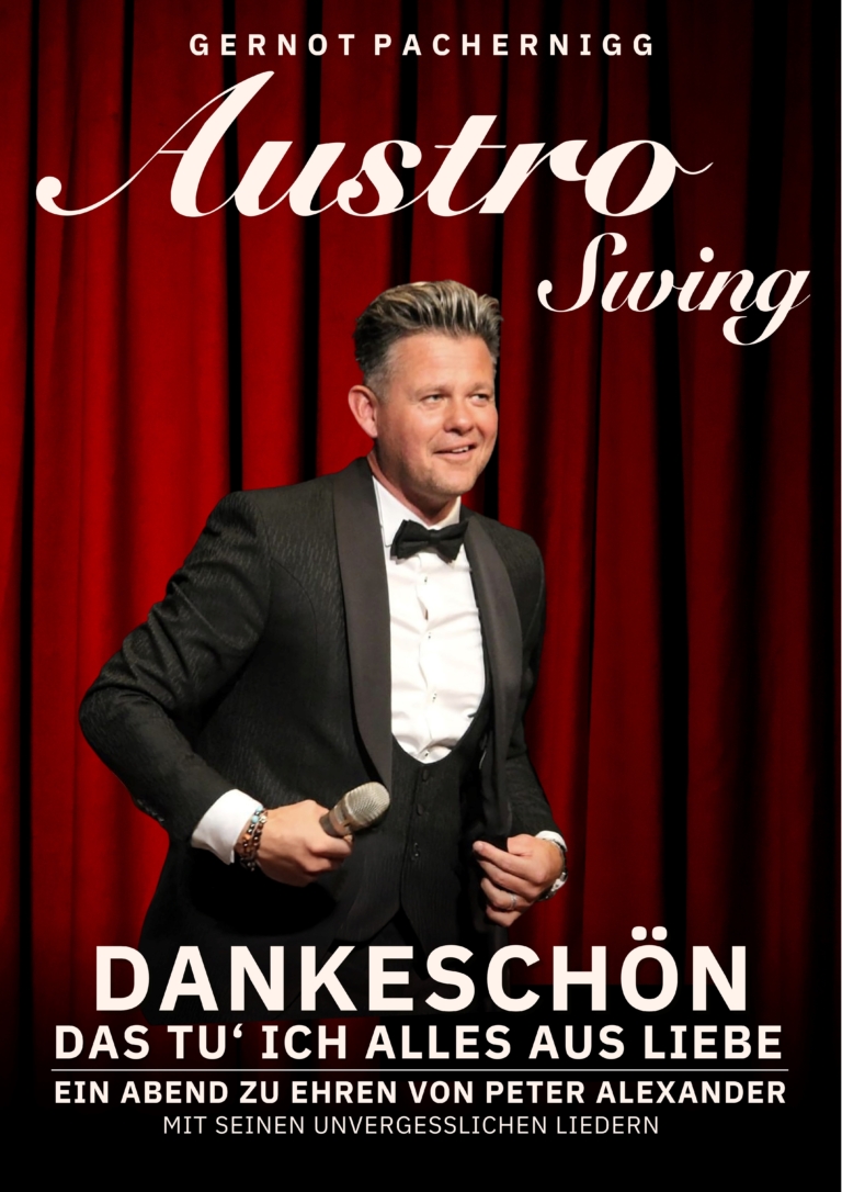 Gernot Pachebringing performs during Austro Swing event with red curtain backdrop
